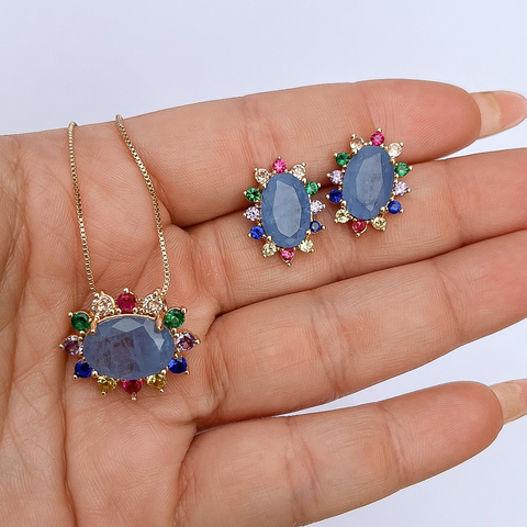 Conjunto Redondo Azul Cravejado Dourado