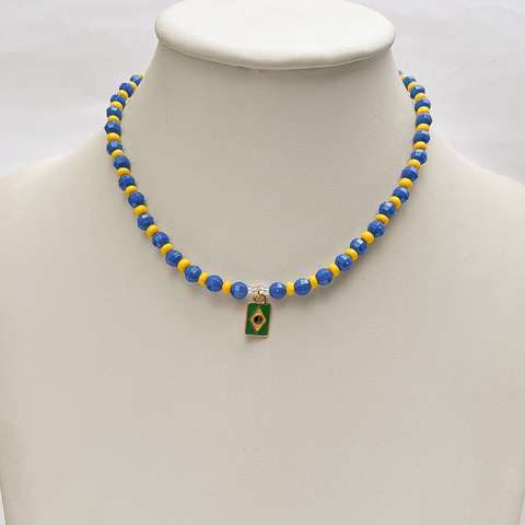 Colar Miçangas Brasil c/bandeira Dourado