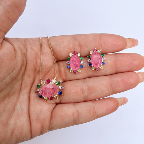 Conjunto Redondo Rosa Cravejado Dourado