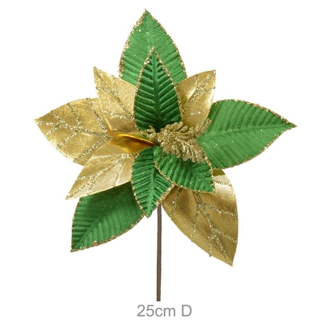 Flor veludo com glitter verde e dourado - 25cm