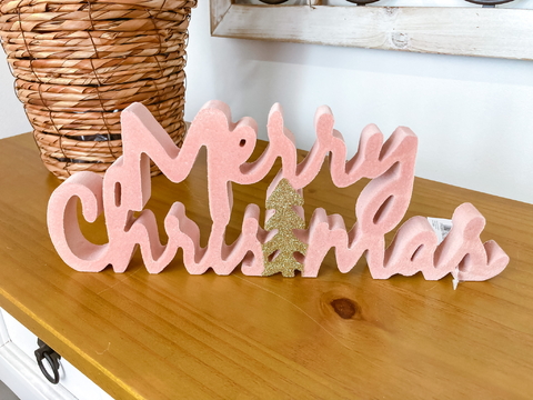 Placa em veludo rosa Merry Christimas - 30x11cm