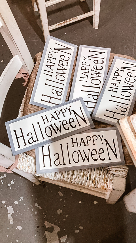 Placa Happy Halloween de madeira c/ pintura a mão - 25x11cm