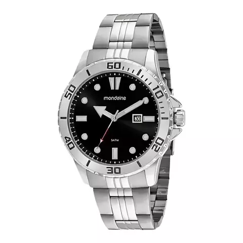 Relógio masculino Mondaine prata com pulseira metálica e mostrador preto com calendário