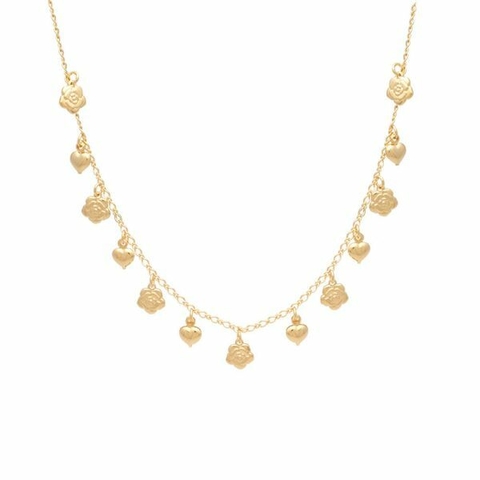 Choker 6 Corações 7 Flores Camélia Folheado a Ouro 18K