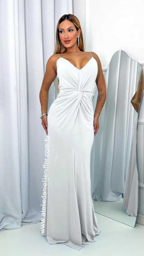 Vestido Longo Branco Alças De Brilho Com Fenda E Detalhe Na Cintura Vivi - comprar online