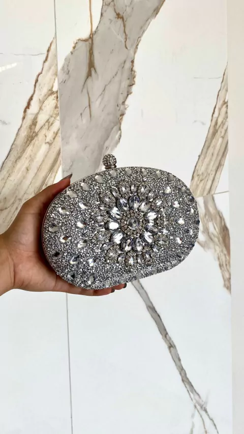 Clutch Pedraria Oval Bolsa De Festa Prata