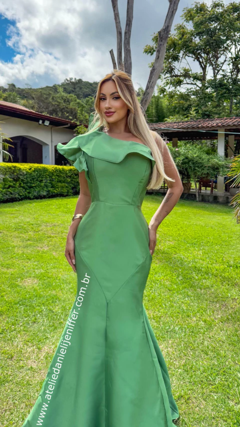 Vestido Longo Verde Jade Sereia Um Ombro Só Com Babado - comprar online