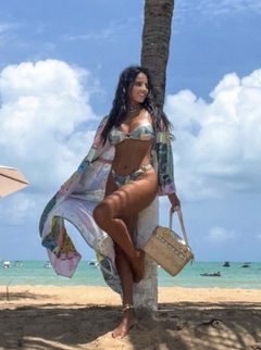 Biquíni Canelado Com Argola Em Metal Antioxidante Aleska Paisley | Verde - Rosa Chic Beachwear