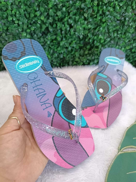 Chinelo Feminino Adulto Bico Quadrado Transfer de Piercing - Stitch 002