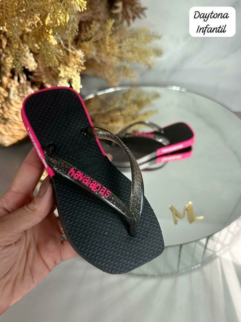 Chinelo Feminino Infantil - Havaianas Rubber Glitter - Preto/Pink Neon