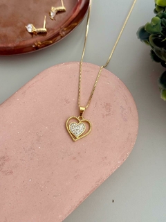Colar coração 2 em 1 liso cravejado banhado a ouro - comprar online