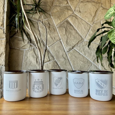 Mate blanco acero grabado fútbol