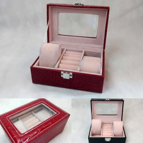 Porta anéis joias e relógio 3 lugares caixa expositora couro sintético texturizado com trava vários modelos cores