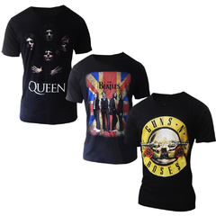 3 X Camisetas Bandas de Rock Guns N' Roses, Queen e Beatles