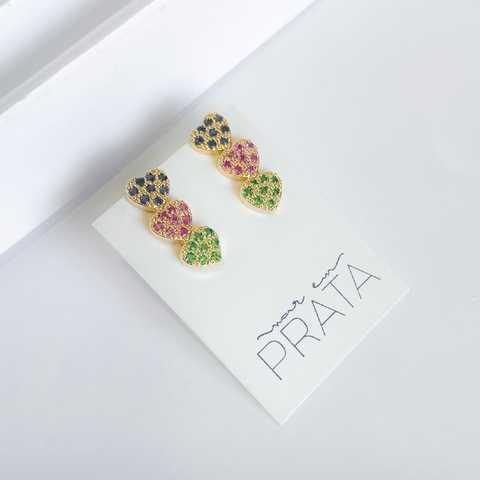BRINCO EAR CUFF CORAÇÕES CRAVEJADOS COLORIDOS [TAL.355]