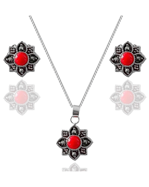 CONJUNTO JADE VERMELHA COM PÉTALA COM PONTA COM MARCASSITAS [L.255]