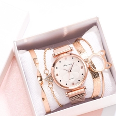 Relógio Luxo com Strass e Conjunto de Pulseiras