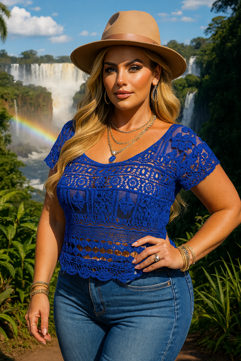 Blusa Guipiur & Tul Bordado Azul Real – Importada y Soñada (Talles M-L-XL)