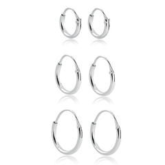 Trio de brincos argolas encaixe lisa de prata