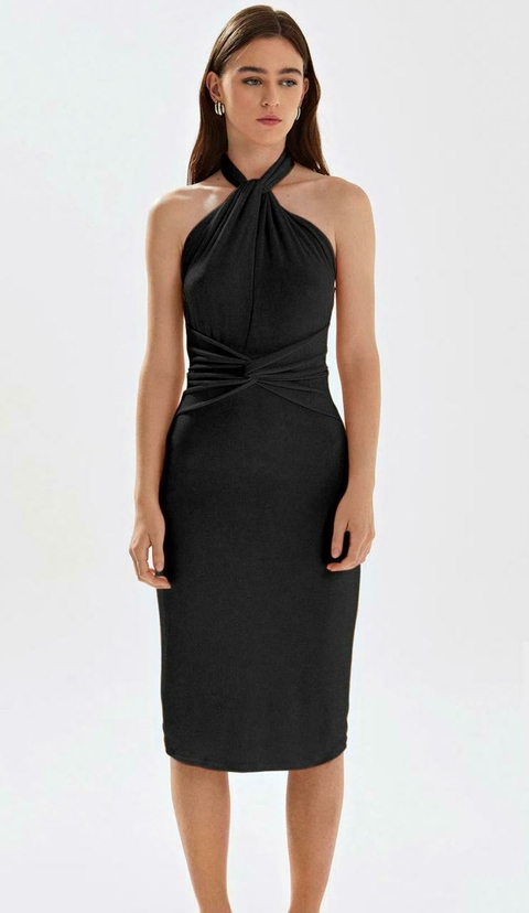 VESTIDO IÓDICE MIDI DECOTE TORÇÃO FRENTE PRETO