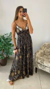VESTIDO BOHO LONGO ALÇA FUNDO PRETO DETALHES METALIZADOS (COD 23178) - comprar online
