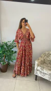 VESTIDO BOHO LONGO SEDA MANGA FUNDO VERMELHO (GG) - comprar online