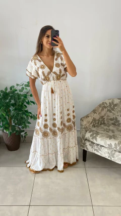VESTIDO BOHO MANGA BRANCO COM MARROM (COD 218) (G) na internet