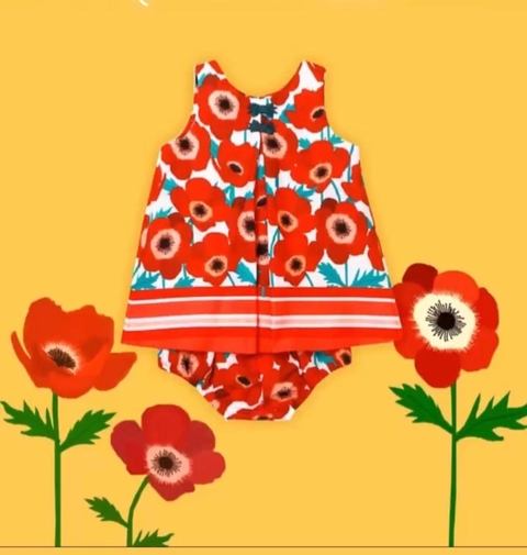 Vestido MENINA BEBÊ Floral Barrado Vermelho - 1806