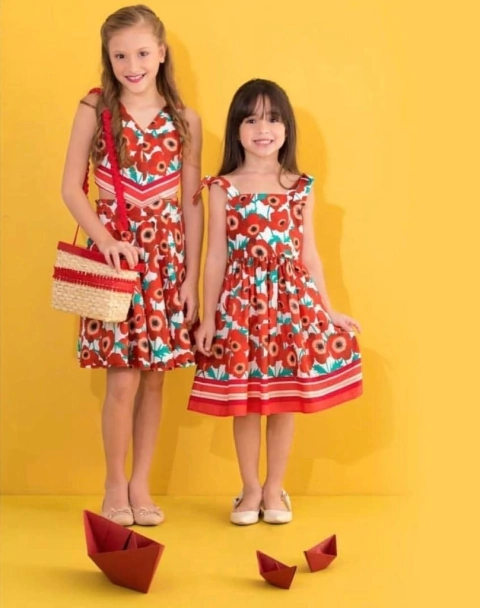 Vestido MENINA TEEN Floral Barrado Vermelho -1924