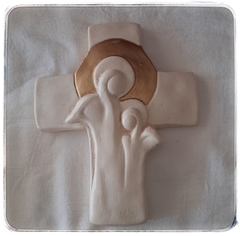 Cruz de yeso Angel de la Guarda y Niño Ocre