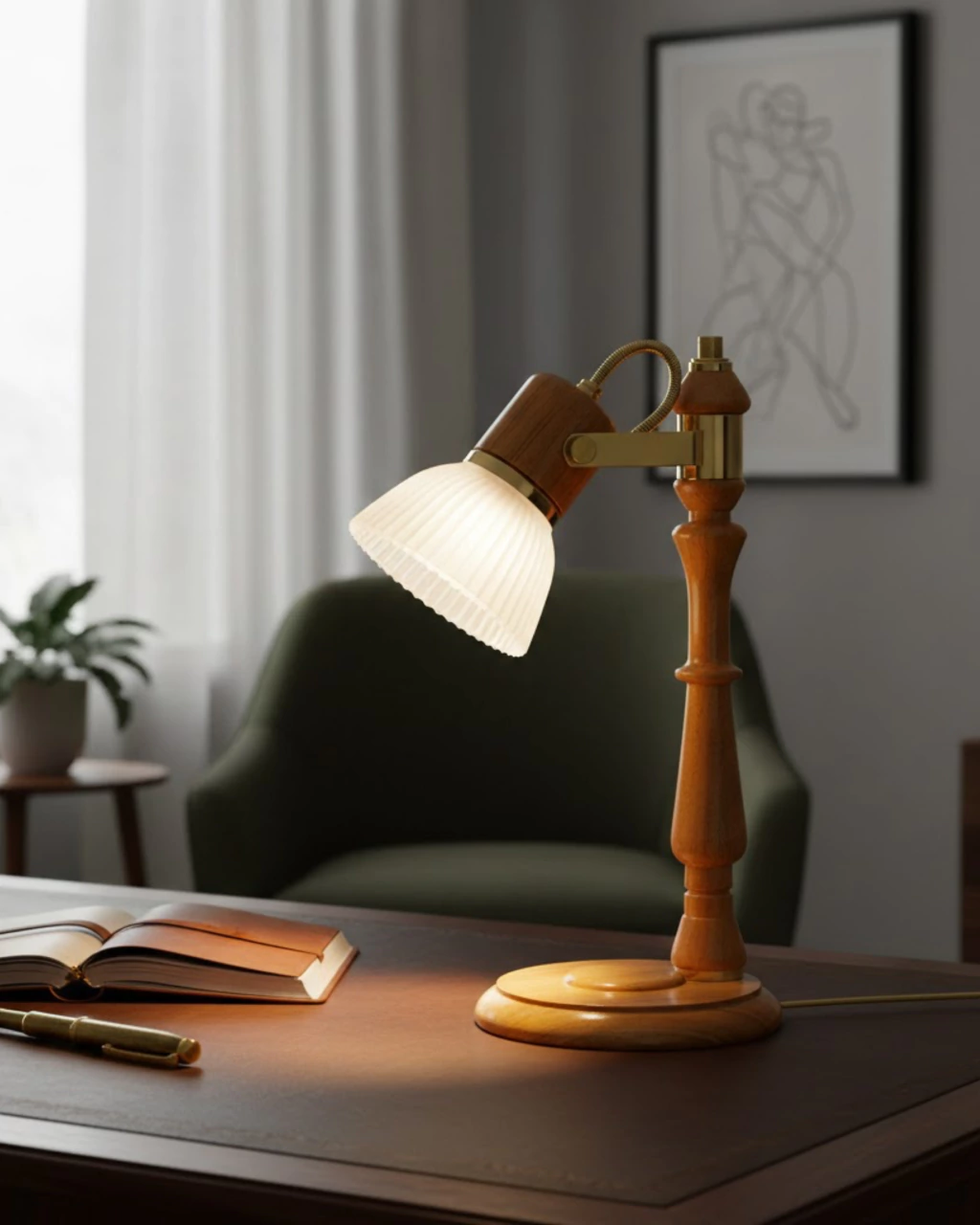 Lampara de Mesa 83 Madera Haya y Terminaciones en Metal con Tulipa de Cristal Carilux