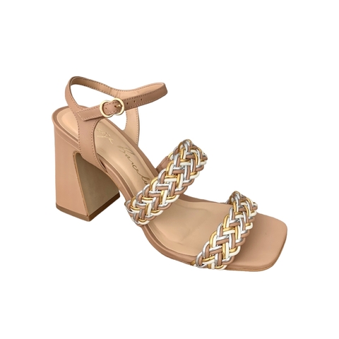 SANDÁLIA DE SALTO BLOCO ALTO EM COURO BLUSH COM TRANÇAS METALIZADAS