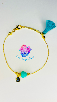 Pulsera Cadena Dorada - Ojoturco Cuarzo Corazón Turquesa - Gran Bazar Turco