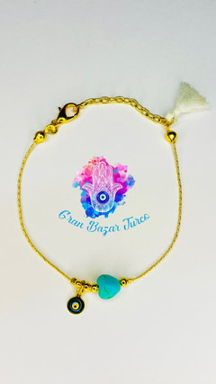 Pulsera Cadena Dorada - Ojoturco Cuarzo Corazón Turquesa - tienda online