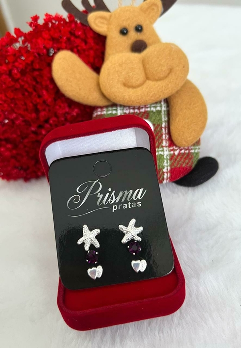 Trio de Brincos Estrela Ponto de Luz Roxo e 2 Corações