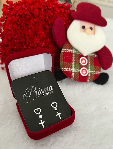 Trio de Brincos Coração, Ponto de Luz e Cruz