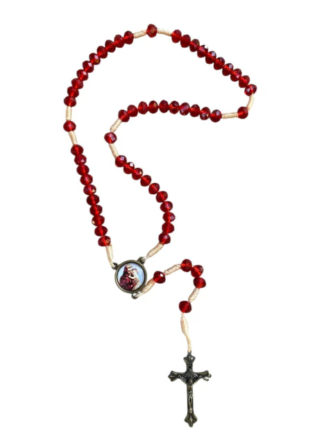Terço Cristal 8mm Metal OV RES Redondo Vermelho S. Antônio