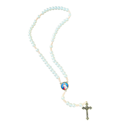 Terço Pérola 8mm Metal RES Redondo Jesus Misericordioso OV