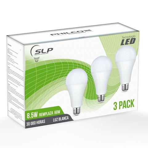 THREE PACK FOCO LED 8.5W A60 6500K LUZ FRIA E26, PHILCO
