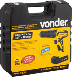 Parafusadeira/furadeira com impacto a bateria, 12 V, carregador bivolt automático, jogo com 17 peças, PFV 012I, VONDER - Lojas Northwest
