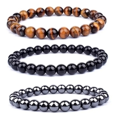 Trio de Pulseiras Pedra Natural Ônix, Hematita e Olho De Tigre