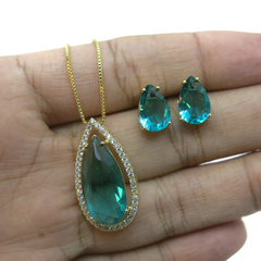 Conjunto Colar e Brinco Gota Cravejado - Kamene Joias 