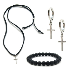 Kit Cordão de Couro Pulseira Murano e Brinco Argolinha Cruz