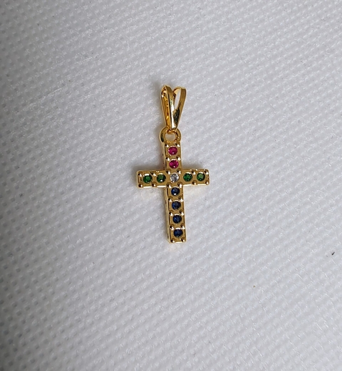 Pingente cruz com zircônias coloridas