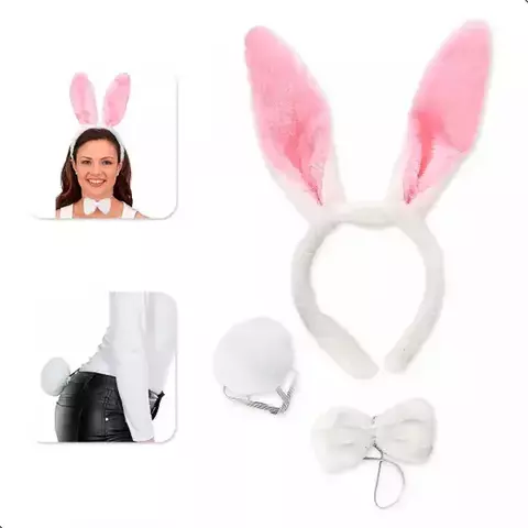 Kit Coelhinha Branca em Pelúcia (tiara de orelha, pompom e gravata)