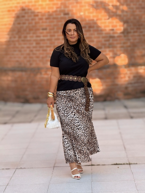 Saia mídi em cetim animal print