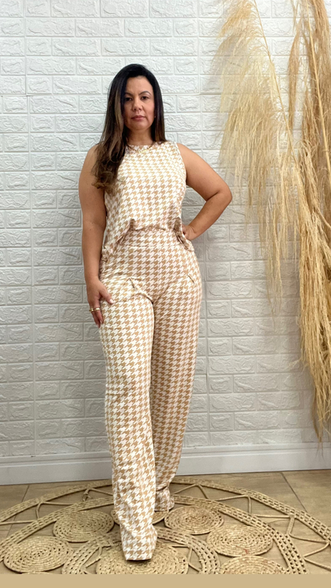 conjunto moletinho pied de poule - Bege e Branco