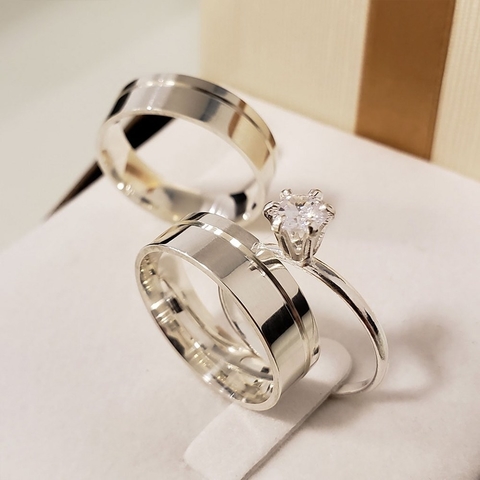 Par de Alianças em Prata 6mm Retas + Solitario