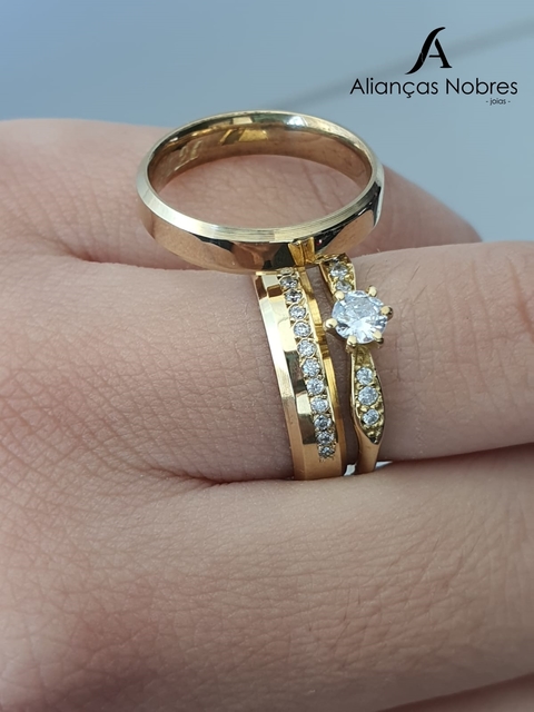 Combo Alianças em 4mm Chanfradas com 14 pedras + Solitario