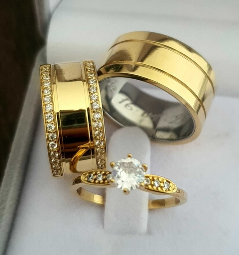 Combo Destaque - Alianças em Moedas Antigas 10mm Retas Cravejadas + Solitario